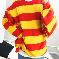 FREE+SHIPPING+WORLDWIDE ONE+SIZE: SLEEVE+58+CM+/+22.8+IN LENGTH+66+CM+/+26+IN SHOULDER+51+CM+/+20+IN CHEST+112+CM+/+44+IN Striped Shirt Aesthetic, Red And Yellow Outfit, Yellow Striped Shirt, Silly Clothes, Snk Cosplay, Shirt Aesthetic, Kawaii Shop, Yellow Sweater, Red And Yellow