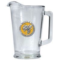 a glass pitcher with the michigan wolverines logo on it is shown in front of a white background