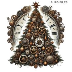 a christmas tree made out of clocks and other items is featured in this graphic design