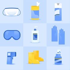 blue and yellow items are arranged in the shape of square shapes, including gloves, eyeglasses, hand sanitizer, mouthwasher, face mask