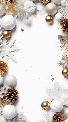 white and gold christmas decorations on a white background