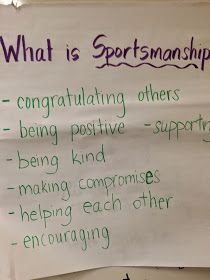 a white sign with writing on it that says, what is sportsmanship? congratulations others being positive