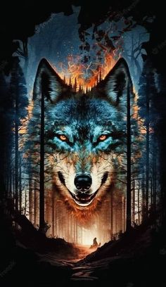 an image of a wolf in the woods with fire coming out of its eyes and on his face