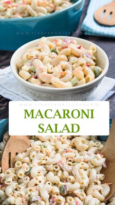 macaroni salad in a blue bowl with a wooden spoon and text overlay