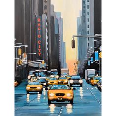 a painting of taxi cabs on a city street