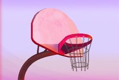 a basketball hoop with a pink backboard in the air over a purple and blue background