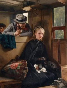 a painting of two people sitting on a train