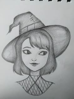 a drawing of a woman wearing a witches hat