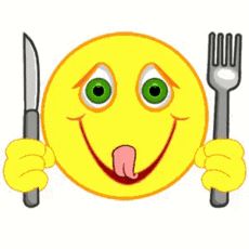 a yellow smiley face holding two forks and a knife