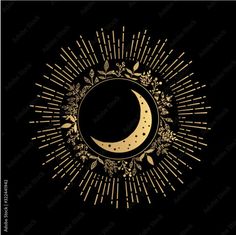 the sun and moon with gold stars on a black background, in an ornate frame