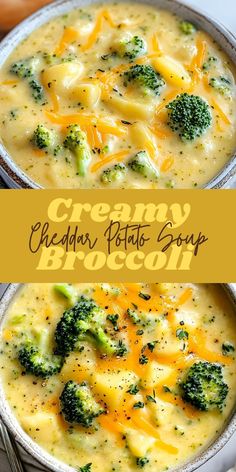 creamy cheesy broccoli potato soup in a bowl