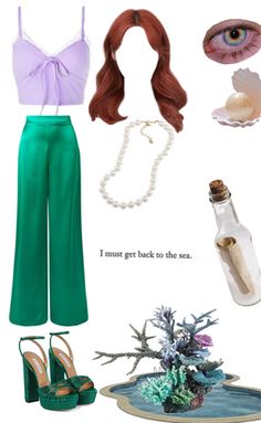 a woman's outfit and accessories including shoes, necklaces, seashells and pearls