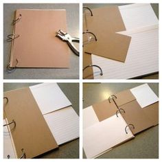 four pictures showing the process of making a binder book with paper attached to it