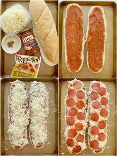 four pictures showing how to make pepperoni pizzas with bread, cheese and sauce