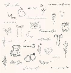 the drawing shows many different things that can be seen on this page, including flowers and hearts