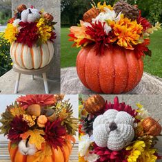 four pictures of pumpkins decorated with flowers and other things to make it look like fall