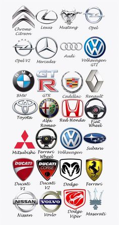 many different types of car logos are shown in this graphic style, with the names and colors