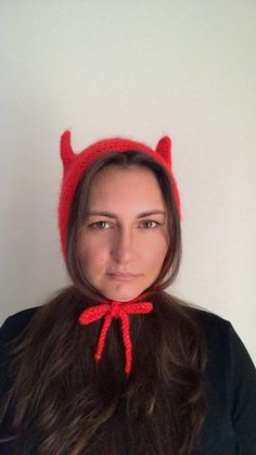 İt's red devil bonnet, cat ears knit bonnet. İ knitting bonnet with love for you.  I use premium yarn that doesn't cause allergies, doesn't lose color or shape, and keeps you warm in the cold.  The hat has an anatomical head shape that has a fit for all sizes. Hand washing at 30 degrees. Please write your full phone number, full address and e-mail. This information may be required for customs procedures. If this information is missing, there may be problems with the delivery of the order. If you Knitting Bonnet, Mohair Hat, Women's Balaclava, Knit Cat, Knit Bonnet, Beanie With Ears, Cat Ears Hat, Knitted Balaclava