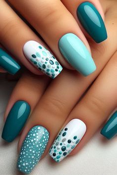 Teal Nail Designs, Teal Nails, Dots Nails, Nail Designs Summer, Green Nails