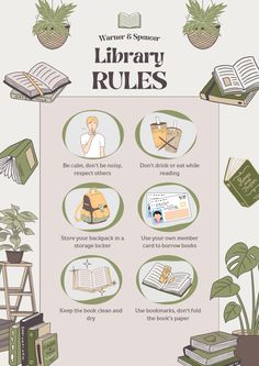 the library rules poster is shown with books and plants on it's back side