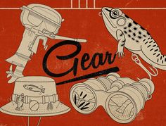 an image of a frog and other items on a red background with the words gear