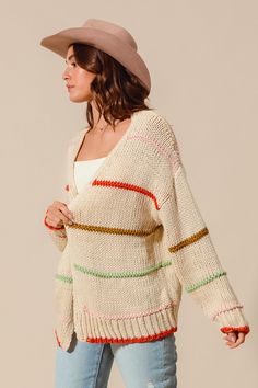 Get cozy and cute in our cream and colorful Stripe Open Cardigan! Featuring an open knit design and colorful detail, this top is perfect for adding a touch of playfulness to your outfit. Stay stylish and warm all at once! Jewelry Candles, Your Outfit, Open Knit, Open Cardigan, Getting Cozy, Fall Looks, Shoe Style, Knitting Designs, Stripe Sweater