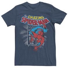 Any Marvel fan will love wearing this Men's Marvel Comics Retro Spider-Man Stamp Graphic Tee. Crewneck Short sleeves FABRIC & CARE Cotton, polyester Machine wash Imported Color: Navy. Gender: male. Age Group: adult. Png Graphic Tees, Mens Outfits Blue, Tops Men, Cool Graphic Tees Men, 80s Graphic Tees Vintage, Comic Shirt, Male Graphic Tees, Cool Graphic Tees Vintage, Graphic Tee Png