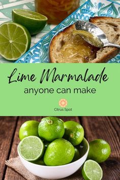 bowl of fresh limes and lime marmalade on toast on blue patterned plate Lime Marmalade, Canning Equipment, Ginger Biscuits, Lime Recipes, Jam And Jelly, Jelly Recipes