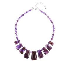 Jay King Sterling Silver Amethyst Necklace Bring a bold pop of purple color to your neckline with this beautiful, handcrafted amethyst necklace. From Jay King.       Approx. 18-1/4"L x 5/16"W with 2-3/4" extender     Center drop approx. 1-3/8"L x 7/8"W     Stamped .925      Hook closure     Necklace drape has nine rectangular-shaped amethyst stations strung together in graduating sizes     Faceted, round purple amethyst beads complete necklace   Stone Information       All sizes and weights appr Purple Amethyst Necklace With Natural Stones, Purple Amethyst Gemstone Necklace, Purple Amethyst Necklace With Gemstone Beads, Silver Beaded Necklaces With Faceted Amethyst, Luxury Single Strand Amethyst Beaded Necklace, Purple Amethyst Faceted Bead Crystal Necklaces, Collectible Amethyst Necklace In Purple, Purple Faceted Amethyst Crystal Necklaces, Purple Faceted Amethyst Crystal Necklace