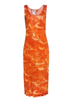 Look hot, stay cool in this sizzling Escada Sport maxi. With a burnt orange abstract print and flowy sleeveless fit, you'll turn heads wherever you go! From sun-kissed city strolls to vacays by the beach, pair this with some shades and strappy sandals to watch them stop and stare! Size 8 (EU 38) 100% Rayon Unlined Sleeveless Side slit Bust 30" Waist 32" Shoulder to hem 49" Buy Shoes Online, By The Beach, Fashion Group, Sleeveless Maxi Dress, Sun Kissed, Strappy Sandals, Sweater Weather, Designer Outfits Woman, Abstract Print