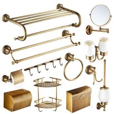 an assortment of bathroom accessories including toilet paper, soap dispenser and mirror