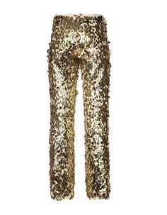 The gold sequin trousers lined with a stretchy silky satin feature a straight-leg, mid-waisted silhouette, with a striking metallic finish from the sequins. The design is carefully done to give a simplistic silhouette yet a stunning overall look. The glittering gold shines beautifully even with just a tiny bit of light source. Style with the embroidered corset and white leather boots to be the rock star of the night. Metallic Bottoms With Contrast Sequin For Party Season, Sequin Straight Leg Evening Pants, Sequin Straight Leg Pants For Evening, Evening Straight Leg Sequin Pants, Straight Leg Sequin Pants For Evening, Glamorous Sequin Straight Leg Pants, Party Season Sequined Straight Pants, Glamorous Straight Leg Sequin Pants, Elegant Embellished Gold Bottoms