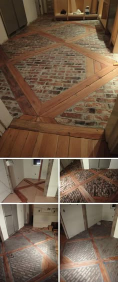 the floor in this kitchen is being remodeled with wood and stonework on it's sides