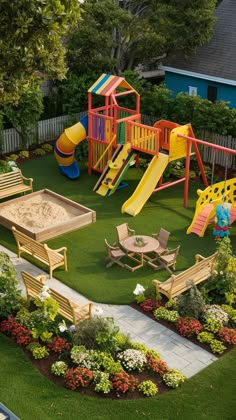 an outdoor play area is shown in the backyard