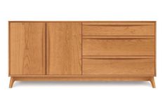 the sideboard is made from wood and has three drawers, one with two doors