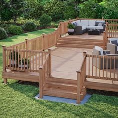 a wooden deck with chairs and couches on it