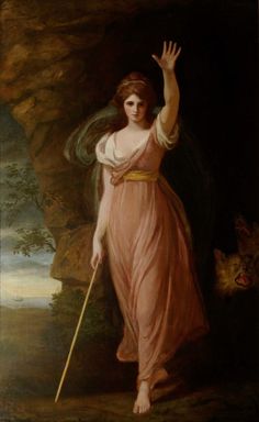 a painting of a woman in a pink dress holding her hand up to the sky