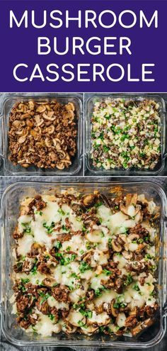 three glass casserole dishes with mushrooms, cheese and other toppings in them