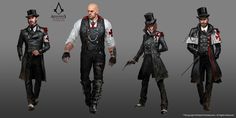 the concept art for an upcoming video game is shown in three different poses, including a man