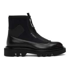 Ankle-high panelled neoprene and buffed calfskin boots in black. Almond toe. Tonal zip closure. Padded collar. Logo printed in white at outer side. Rubberized patch with perforated detailing at sides. Tonal twill lining. Stacked leather midsole. Tonal treaded rubber sole. Tonal hardware. Supplier color: Black Givenchy Clothing, Fashion Styling, Designer Boots, Luxury Streetwear, All Black Sneakers, Rubber Rain Boots, Boots Men, Givenchy, Chelsea Boots