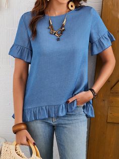 Blue Casual Collar Short Sleeve Woven Fabric Plain Top Embellished Non-Stretch  Women Clothing Blouse Styles, Fashion Tops, Cotton Tops, Cotton Linen, Blouse Designs, Casual Tops, Short Sleeves Tops, Ruffles, Blouses For Women