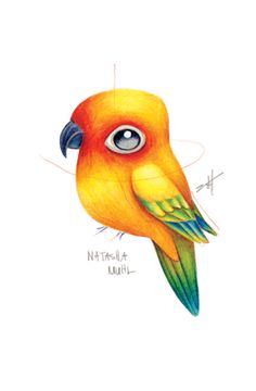 a drawing of a yellow bird with an eye on it's head and tail