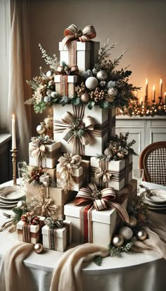 a christmas tree made out of wrapped presents on a table with candles in the background