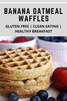 Gluten free breakfast waffles stacked with fruits on the side. Oatmeal Waffles Healthy, Banana Oatmeal Waffles, Banana Waffle Recipe, Waffles Healthy, Mini Waffle Recipe, Breakfast Waffle Recipes, Healthy Banana Oatmeal, Waffle Recipe Healthy, Recipe Oatmeal