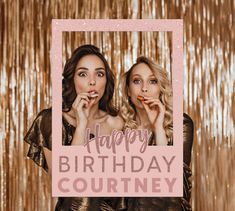 two beautiful women standing next to each other in front of a gold foil background with the words happy birthday coutney