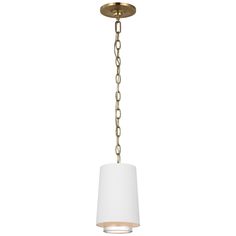 a light fixture with a white shade hanging from it's side and chain attached to the ceiling