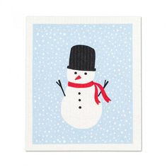 a snowman wearing a black hat and red scarf is standing in front of a blue background