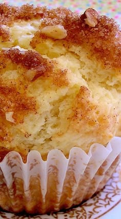 a close up of a muffin on a plate