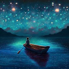 a painting of a person in a row boat floating on water under the night sky