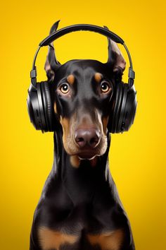 A photography of a doberman dog wearing black headphones posing in a yellow background. Dog Disney, Dog Artwork, Doberman, Headset